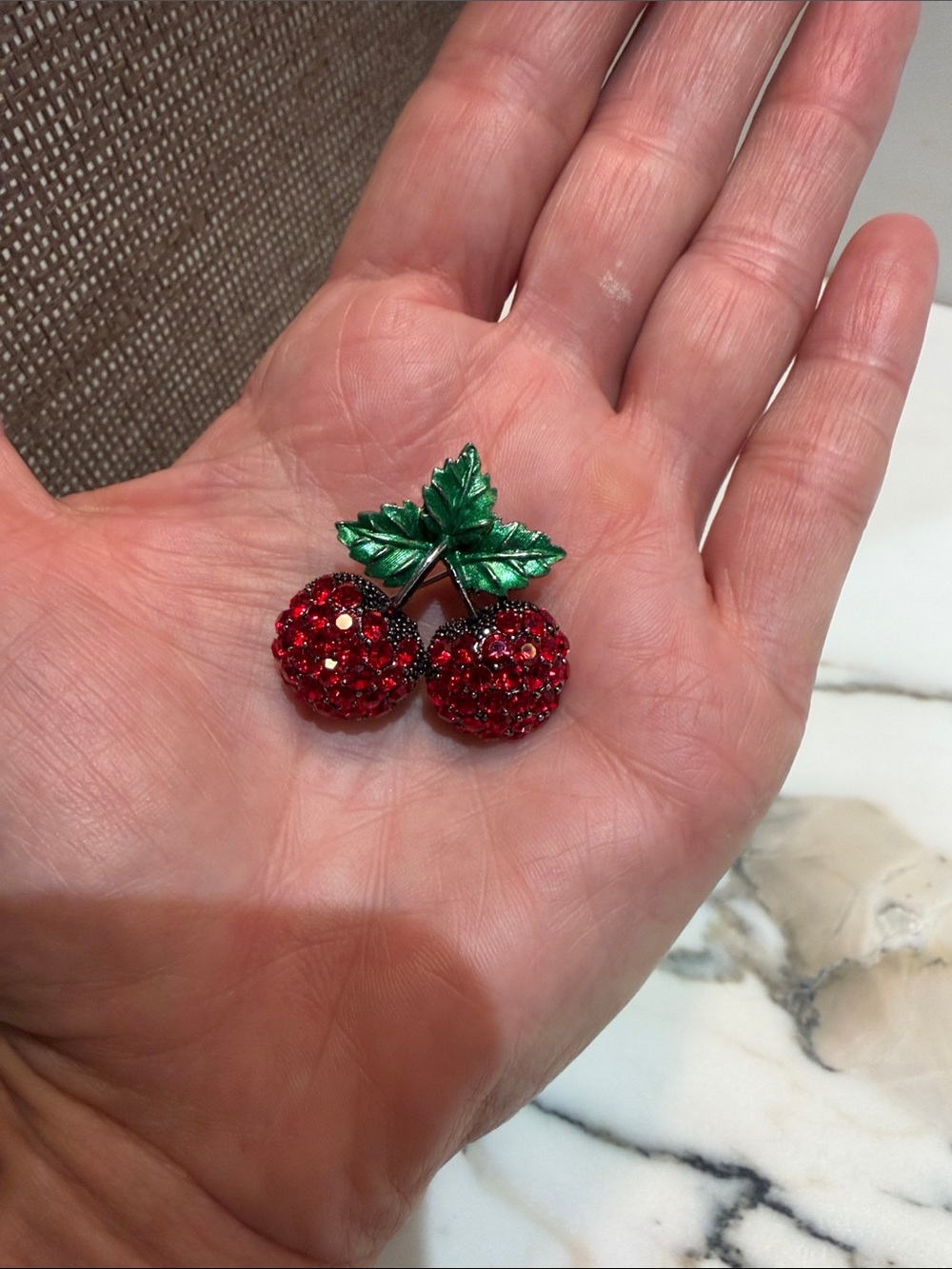 Red Crystal Cherry Pin Brooch with Green Leaves